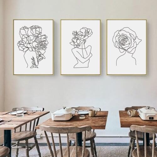 Minimalist Figure Flower Line Drawing Pictures Home Decor Nordic Canvas Painting Wall Art Print for Living Room Decor Painting