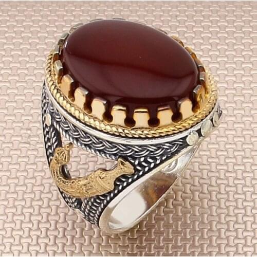 Red Oval Yemen Agate Stone Silver Ring Vintage Men Silver Ring Bronz Color Big Heavy Silver Ring Solid 925 Sterling Silver