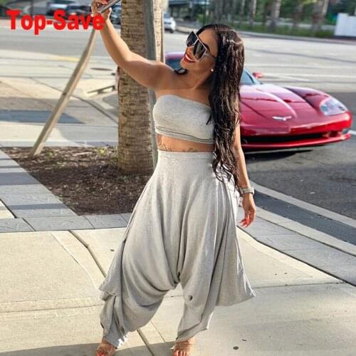 Solid Sexy Strapless Two Piece Set Crop Top And Harem Pants 2 Piece Set Women Backless Club Birthday Women Two Piece Outfits