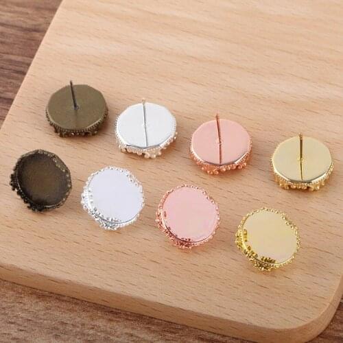 200pcs Round Earrings Post Setting Base Fit 15mm Glass Cabochon Cameo Silver Gold Plated Bezel DIY Blank Studs Earring Findings