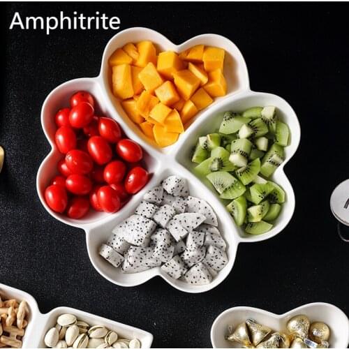 Simple White Ceramics Divided Grill Fruit Plate Four Grill Snack Dried Fruit Plate From The Household Fruit Plate Plate Plate