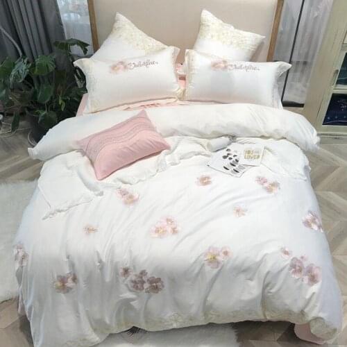 Chic Floral Embroidery on White Bedding set Luxury Soft Egyptian Cotton Queen Full size Bed Sheet setDuvet Cover set