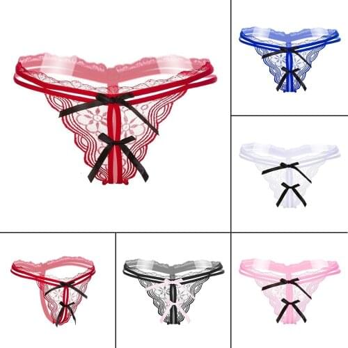Sexy Transparent Lace Temptation Ultra-thin Thong Black Lace Pink Bow Ribbon Open File Hollow Low-rise Underwear T Pants