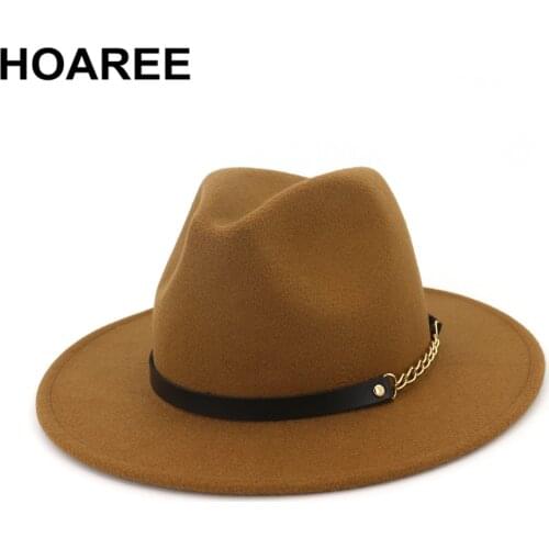 HOAREE Wool Fedora Hat Wide Brim Felt Hat Women Khaki Casual Jazz Hats Men with Chain Solid Autumn Winter Brand Panama Hat