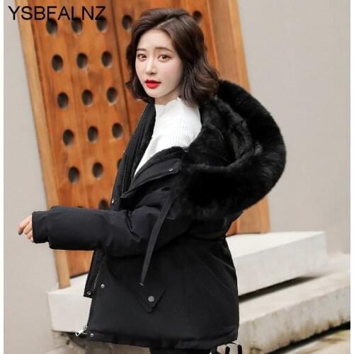 2021 Cotton Thicken Warm Autumn Winter Jackets Short Coat Womens Casual Parka Winter Clothes Fur Liner Hooded Fur Collar Korean