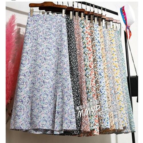 Split zipper chiffon small floral skirt female summer a-line mid-length high waist skirt flower skirt half skirt long skirt thin