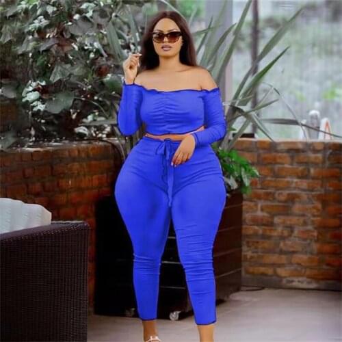 Plus Size Women Clothing Two Piece Set Fall Sexy Outfits Long Sleeve Off Shoulder Tops and Pants Sets Dropshipping Wholesale