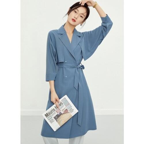 Temperament waist closing suit collar eight sleeve solid color windbreaker womens medium long coat autumn loose