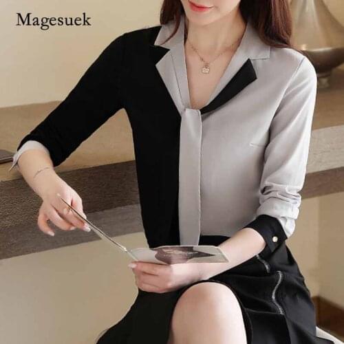 2020 Autumn Korean New Style Long-Sleeve Chiffon Blouse Loose Plus Size Gray Women Shirt Women V Neck Ladies Clothing 10753