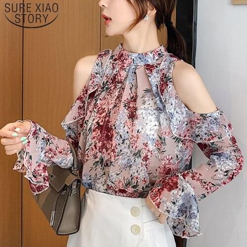 Fashion Autumn Floral Shoulder-exposed Chiffon Shirt Long Butterfly Sleeve Temperament Women Tops casual print blouse 5791 50
