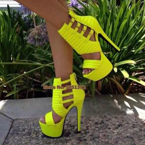 Women High Thin Heel Peep Toe Yellow Sandals Platform Side Hollow Out Metal Buckle Decoration Sexy Nightclub Shoes Plus Size