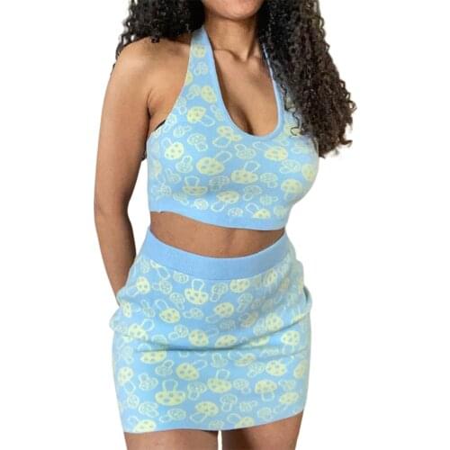 Women’s Two Piece Outfits, Cute Plaid Print Halter Crop Tank Top and Mini Skirt Set