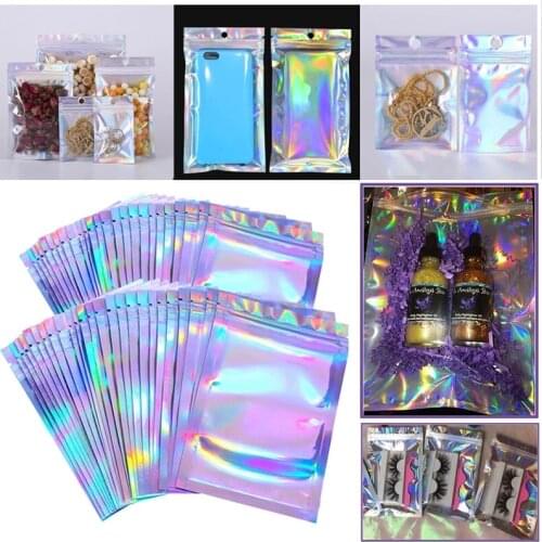 10Pcs Holographic Laser Zip Lock Party Favor Bag Lashes Packaging Boxes Makeup Bags Food Candy Snack Storage Resealable Bags
