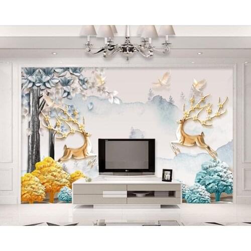 Papel de parede 3D elk rich tree Nordic simple relief wallpaper mural,living room sofa TV wall kids'room wall papers home decor