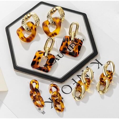 Bohemian Brown Drop Earrings for Women Gold Vintage Metal Dangle Chain Geometric Acrylic Hoop Hanging Earring 2021 Trend Jewelry