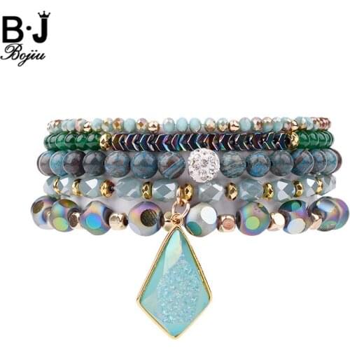 BOJIU 5 Pcs/Set Faceted Crystal Geometric Charm Bracelets Copper Nugget Natural Stone Colored Bead Bracelet For Women BCSET163