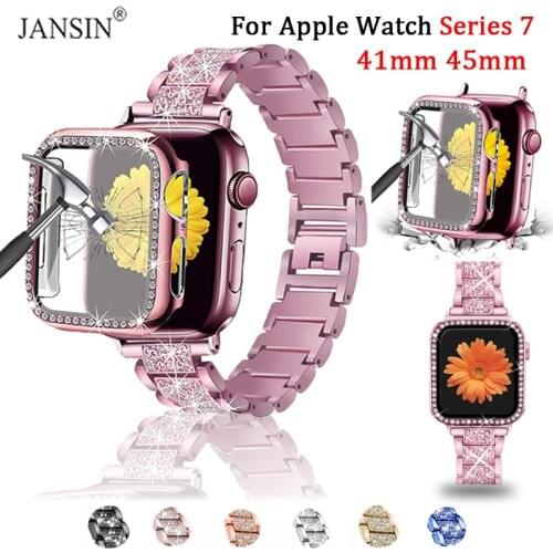 Watch Band+Glass Case For Apple Watch Band 38mm 40mm 42mm 44mm Women Diamond Bracelet Strap For iWatch SE Series 6 5 4 3 2 1