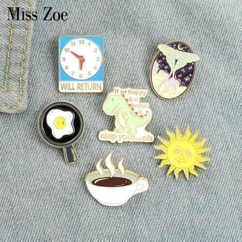 Clock Fried Egg Coffee Sun Dinosaur Enamel Pins Custom Daily Brooch Lapel Badge Bag Cartoon Jewelry Gift for Kids Friends