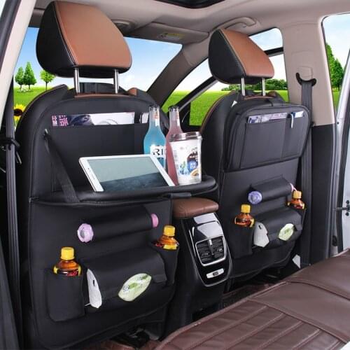PU Leather Car Organizer Box Auto Storage Bag Front Seat Back Pocket Oxford Cloth Waterproof with Folding Table for Pad Drink