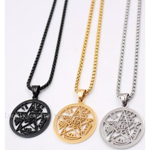 Best seller Gold/ black Stainless Steel Religious geometric pentagram Wicca Pendant Rolo chain necklace 18-30 inch