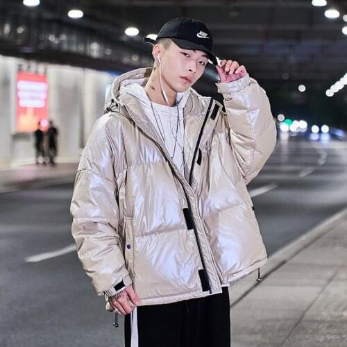 Trendy brand shiny leather down jacket mens short hooded Korean style loose Hong Kong style spirit guy 90% duck down jacket