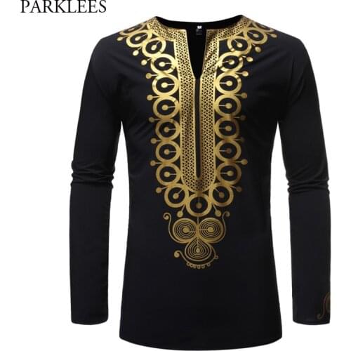 Mens Hipster Dashiki Bazin Riche Dress Shirts Luxury Gold Floral Print Long Sleeve Mandarin Collar Shirt Men African Clothing