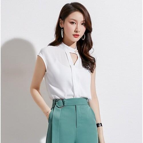 2019 Summer New Style Brand Women Korean-Style Light Cooked Top Female Chic Stand Collar Sleeveless Solid Color Pullover Chiffon