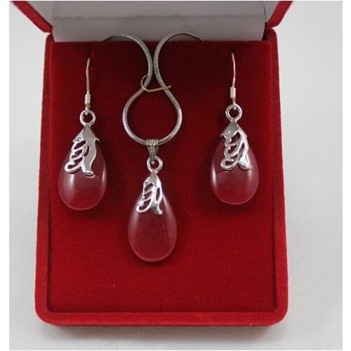 Wholesale ladys red silver plated waterdrop pendant & earring jewelry set s003
