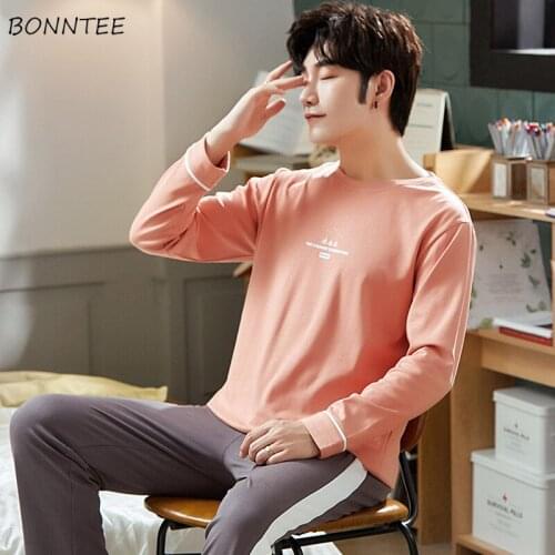 Pajama Sets Men Cartoon Printed Autumn Baggy Cotton Plus Size L-3XL Mens Patchwork Leisure Simple Sleepwear Two-pieces Pajamas
