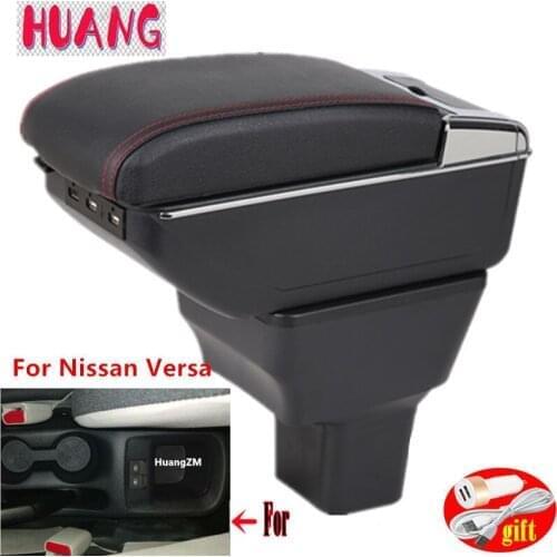 For Nissan Versa Armrest Box Almera 2020 Central Console Storage Box Ashtray Cup Holder PU Leather USB Charging Rotatable LED
