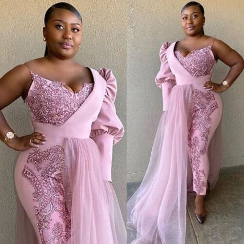 Pink Jumpsuit African Evening Dresses One Shoulder Sequined Appliques Plus Size Prom Dress Robes De Soirée Formal Party Gown