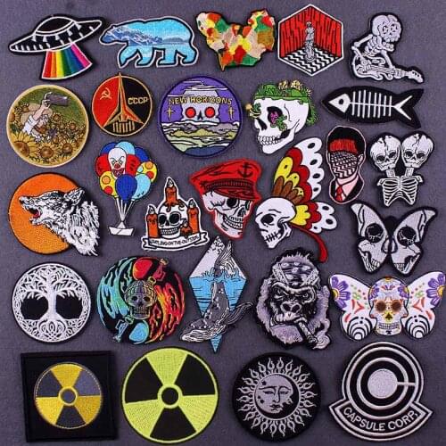 Punk Skull Iron On Patches DIY Black/White Embroidered Patches For Clothing Sticker Rock Band Stripe For Clothes Jacket Badge