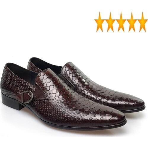 Fashion Mens Dress Italian Genuine Leather Black Brown Wedding Male Shoes 2021 Slip On Buckle Design Large Size Footwear