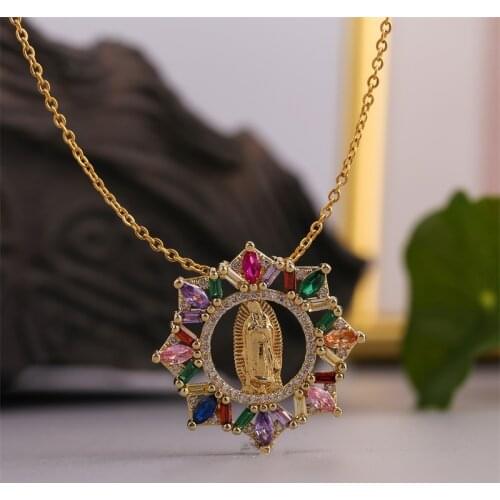 Classic Multicolor Zircon Geometry Copper Metal Virgin Mary Necklaces & Pendants For Women Stainless Steel Gold Chain Necklace