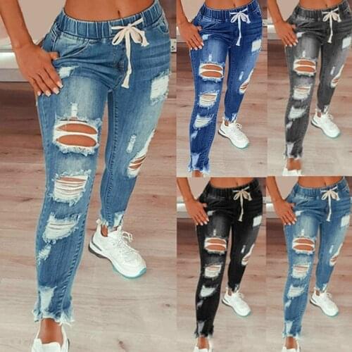 Drawstring Denim Jeans For Women Ripped Hole Stretch Jean Ladies Full Length Pencil Pants Hot Sale 2021 Ladies Jeans