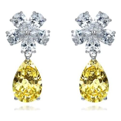 Solid 925 Sterling Silver 10*14mm Yellow High Carbon Diamond Flower Drop Earrings For Women Sparkling Wedding Party Fine Jewelry