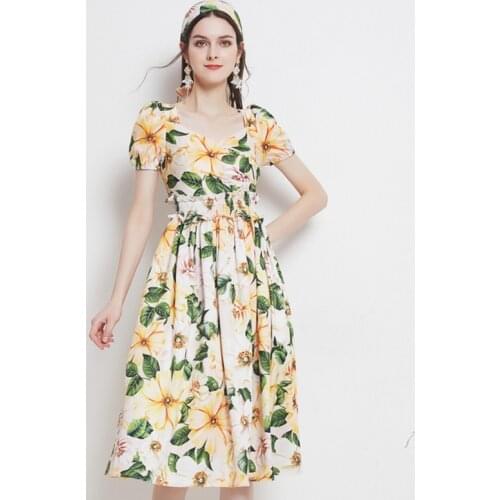 Summer Women Sexy Square Collar Flower Print Short Sleeve Elegant Elastic waistline Female Casual Vintage Draped Party Dresses