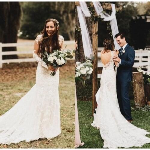 Vintage Spring 2019 Lace Country Wedding Dresses robe de mariee Bohemian Sheer Long Sleeve Open Back Mermaid Wedding dress