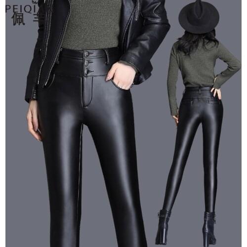 2020 Matte leather pants womens high waist deerskin velvet autumn and winter large size plus velvet thickening tight pants