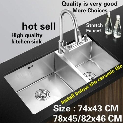 Free shipping Fashion standard kitchen manual sink double groove wash the dish 304 stainless steel hot sell 74x43/78x45/82x46 CM