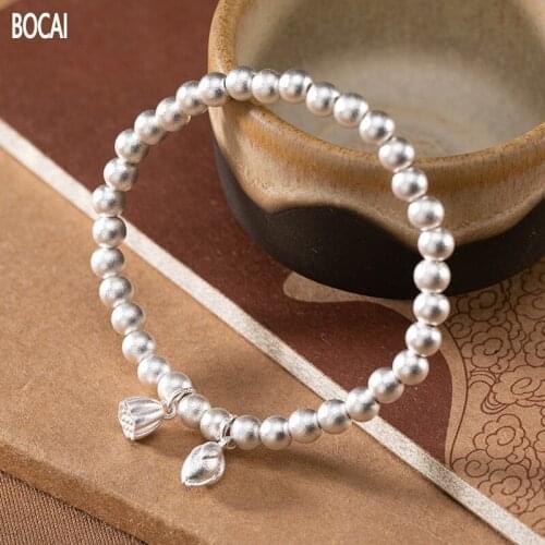 BOCAI 2021 New Real S990 Pure Silver Jewelry Matte Retro Personality Temperament Lotus/Lotus Woman Bracelet
