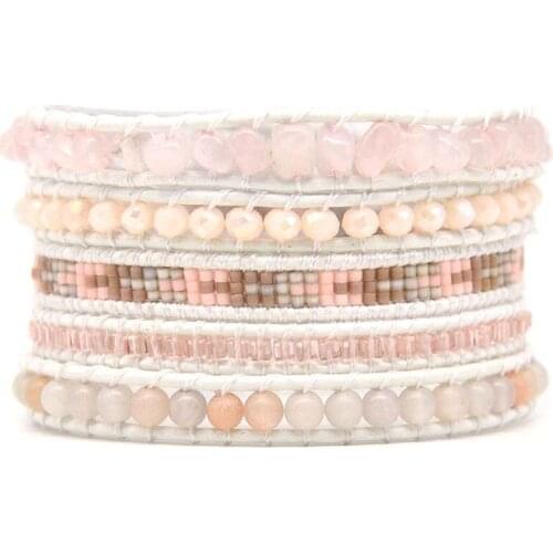 Bohemia Braided Wrap Bracelet Boho Fabric Bracelet Japanese Miyuki Seed Beads Bracelet Rose Quartz Leather Bracelet Dropship