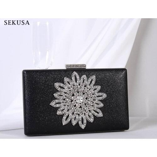 Flower Diamonds Women Party Handbags PU Lady Day Clutch Black Color Shoulder Chain Handbags Purse Box