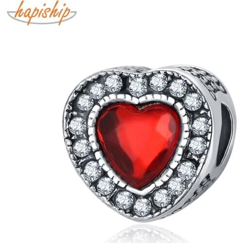 Hapiship 2020 Original Daisy Fashion Sweet Romantic Red Heart CZ Charm Beads Fit Charm Bracelet Female DIY Jewelry Making CZ008