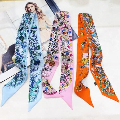 Carnival Parade Print Neck Scarf Small Ribbon for Lady Hair Band Bag Wraps 100% Silk Riband Clothing Accessories Choker ZSBD227