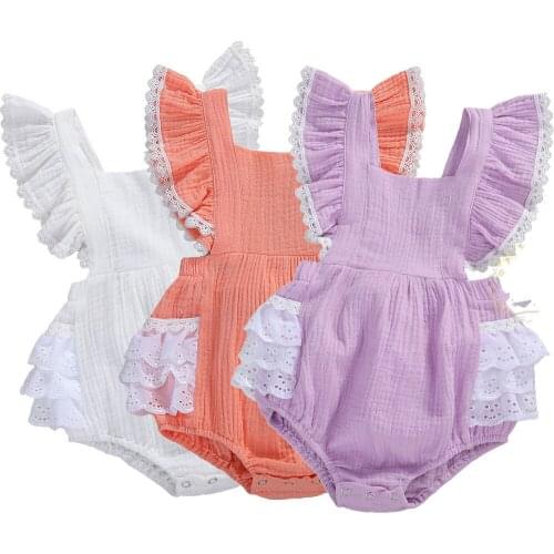 3Colors Summer Toddler Infant Baby Girl Romper Solid Off Shoulder Lace Patchwork Jumpsuit Outfit Sunsuit 0-24M