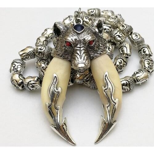 WOLF TOOTH PENDANT NECKLACE FIDELITY DOG TEETH DOUBLE PACK SILVER EVIL PROTECT PEACE MEN BORN YEAR GIFTS BUDDHA HEAD CHAIN