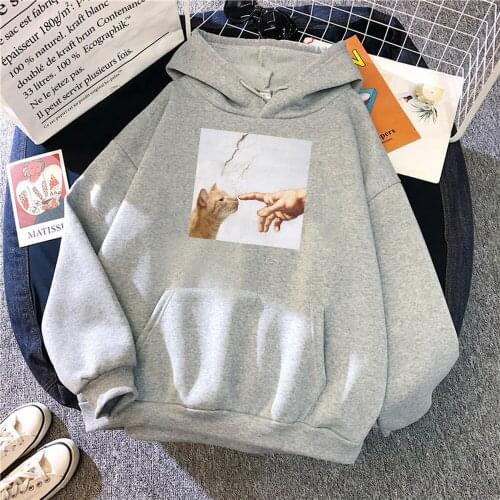 Hot Sale Loose Vintage Clothes Finger Touching Cute Cat Printing Mens Hooded Coldproof Vogue Mens Sweatshirt Oversized Hoodie