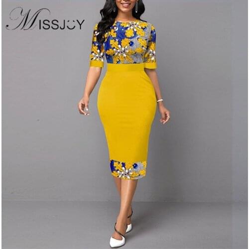 MISSJOY Womens autumn print temperament package hip skirt fashion five-point sleeves mid-waist yellow commuter dress