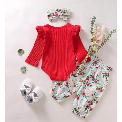 Autumn Winter Baby Girl Clothes 3 Piece Set Ruffle Patchwork Romper+Floral Pants+Headband Infant Kids Clothing Outfits 6M-3T